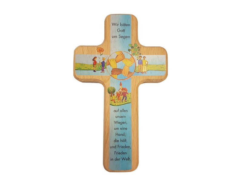 Holzkreuz bunt 'Wir bitten Gott um Segen', 18 cm