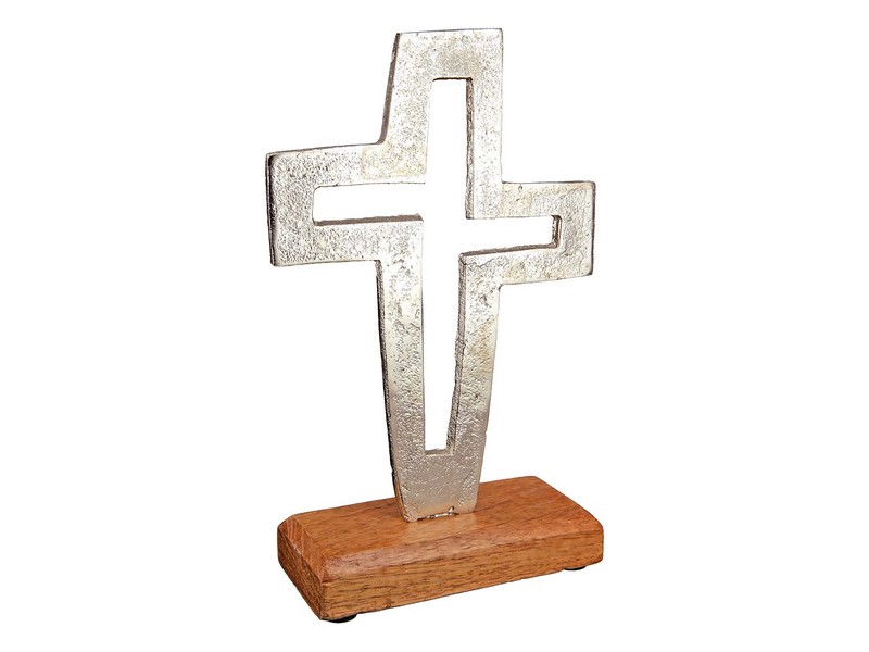 Stehkreuz aus Aluminium, Sockel aus Mangoholz, H: 17 cm